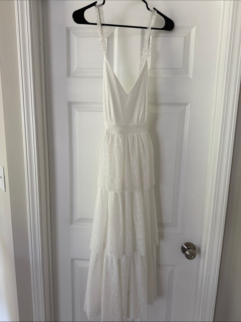 Lulu's White Tiered Maxi Dress with Dotted Mesh